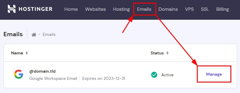 The Manage button in the Emails section at Hostinger