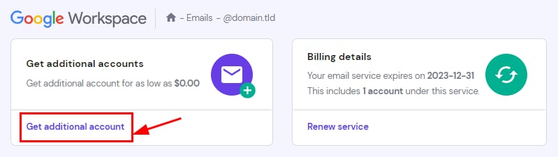 The button Get additional accounts on the email management page