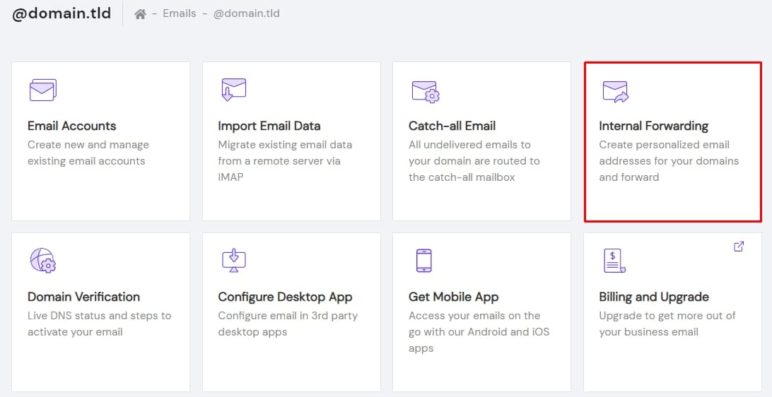 The feature Internal Forwarding in the Titan Email management panel at Hostinger