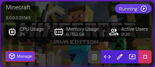 The Game Panel showing the Minecraft server options