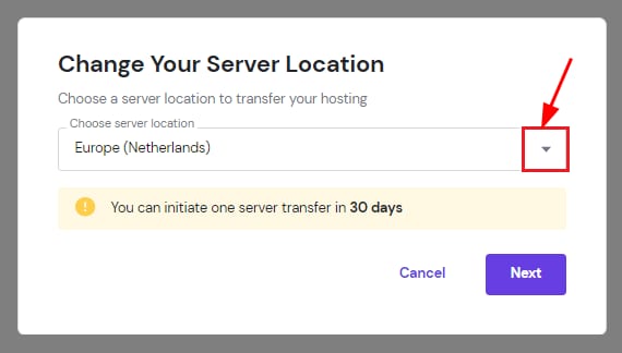 The Change your server location popup showing how to select a new location