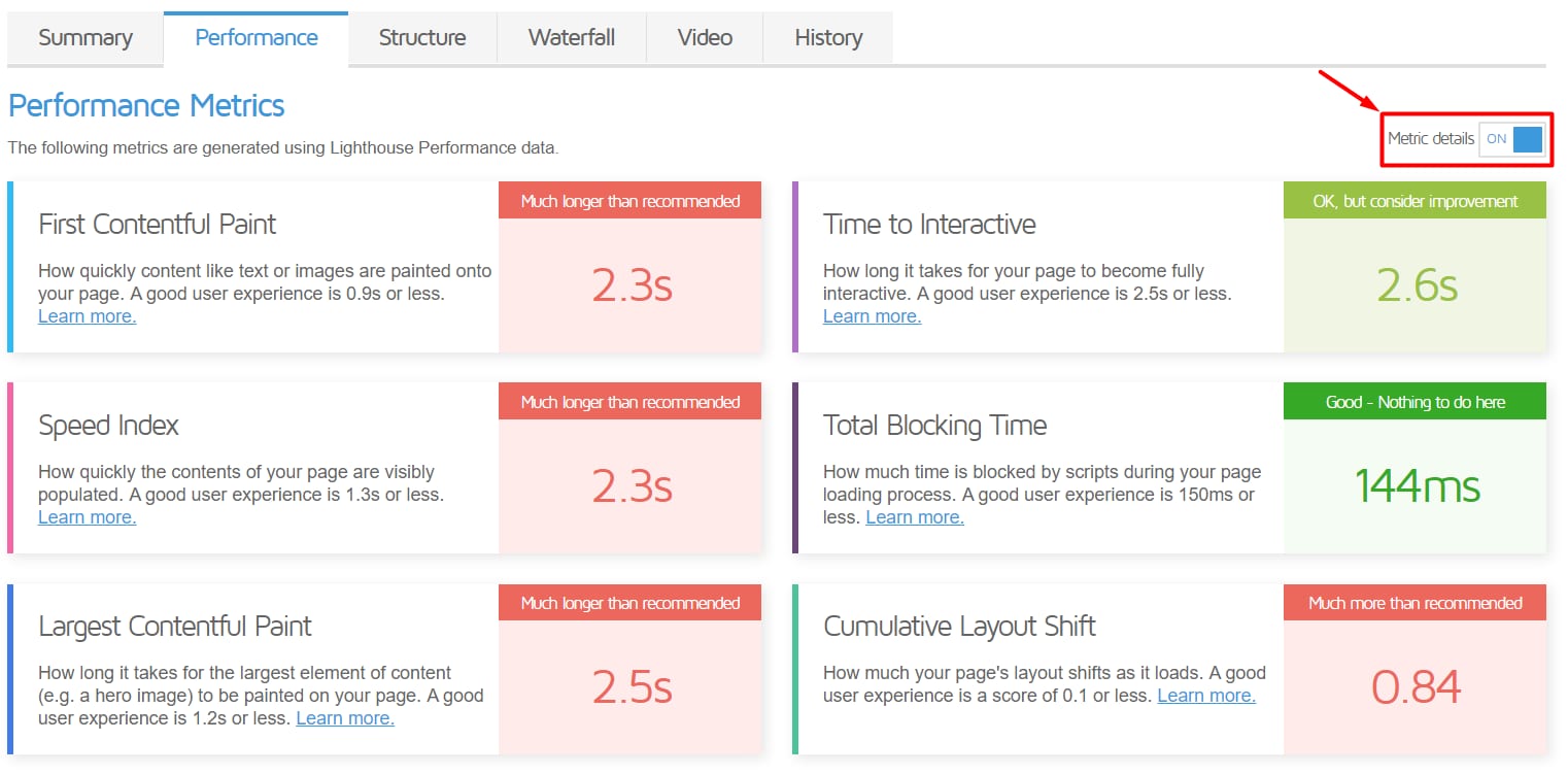 The Performance section on GTmetrix showing how to enable Metric details