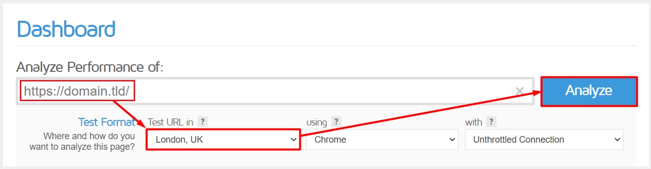 The Dashboard seciton of GTmetrix to enter the test parameters