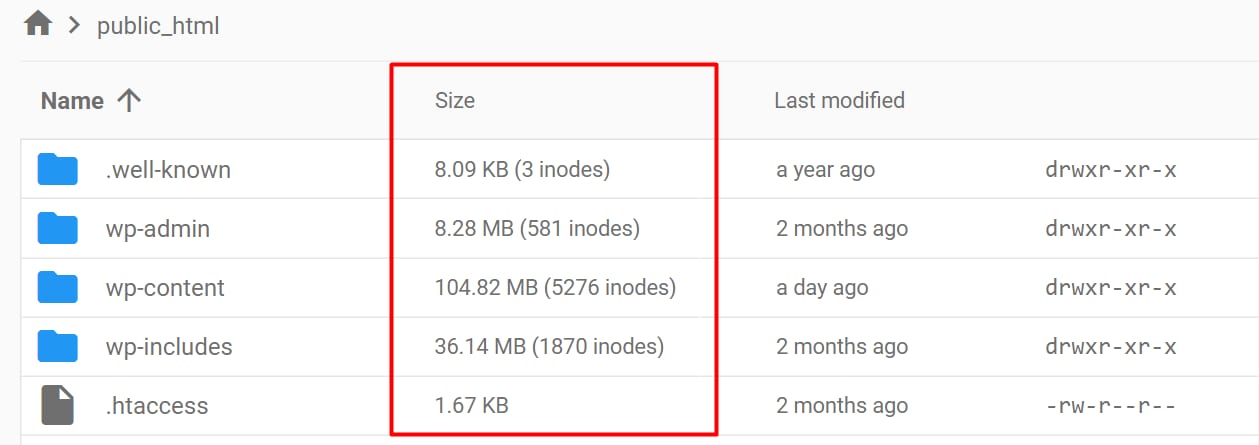 The size and number of inodes shown in the file manager