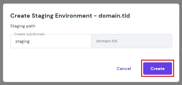 The pop-up window to create a subdomain for the staging environment