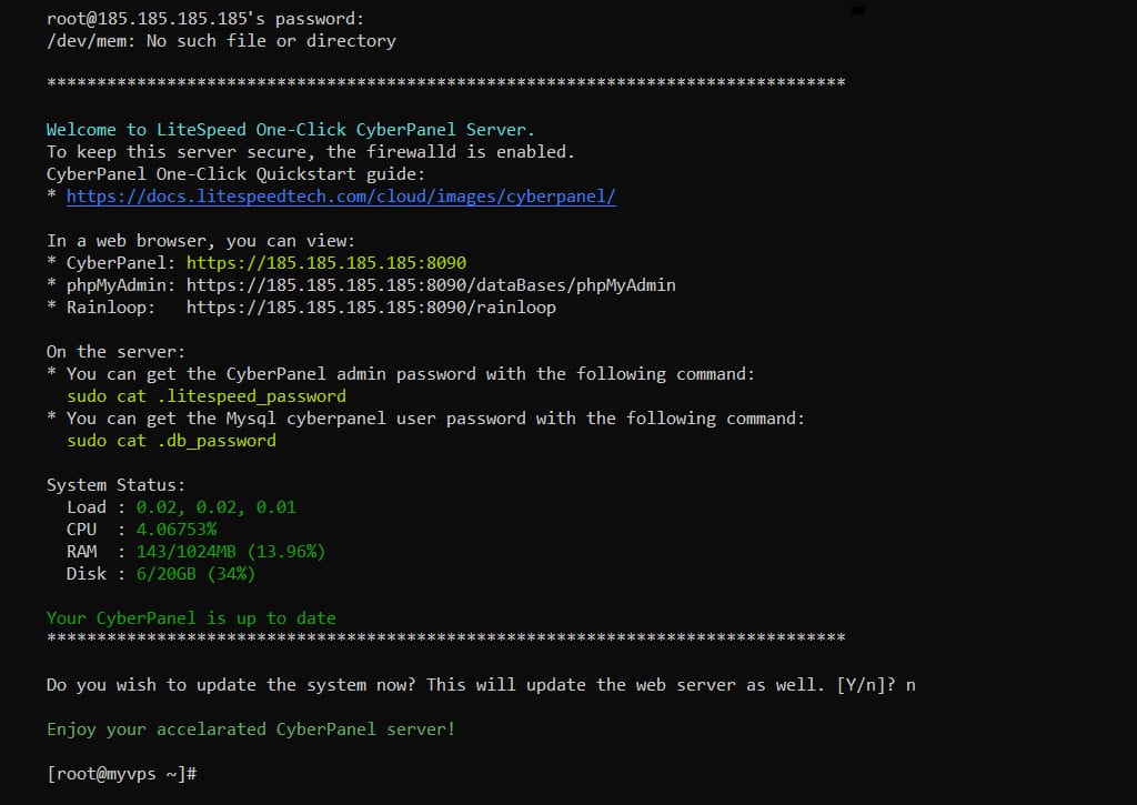 The terminal screen showing the welcome message after a successful connection to the server