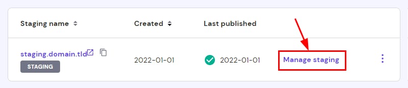 The Staging section on hPanel showing the option to Manage staging