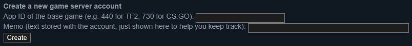 The option to create a new game server account at Steam