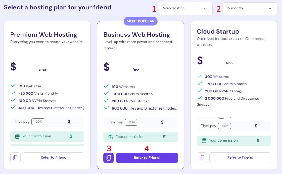 The options to refer a friend and earn a comission at Hostinger.