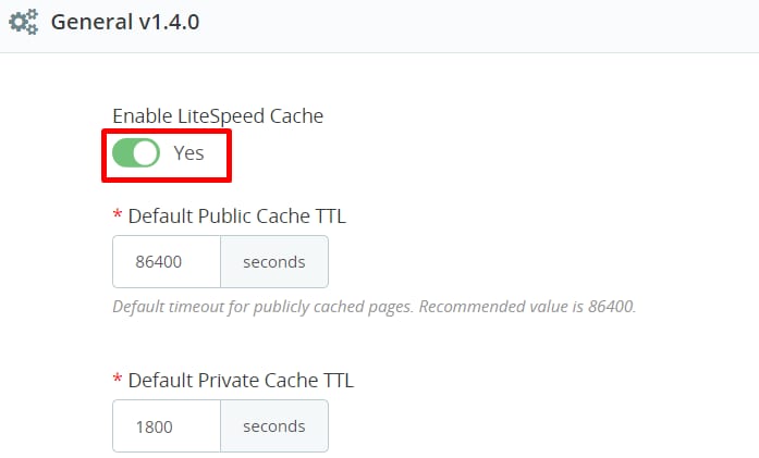 The Enable LiteSpeed Cache toggle