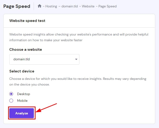 The Page Speed section showing how to generate a page analysis