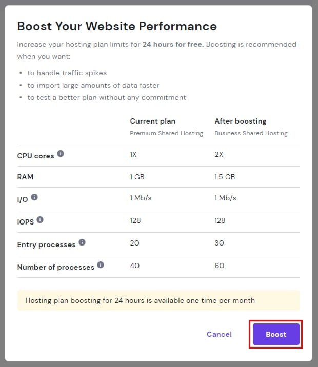 Comparison table of current and resources after boosting, and the button to start the boost