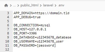 The File Manager showing a .env file with data to connect a MySQL database