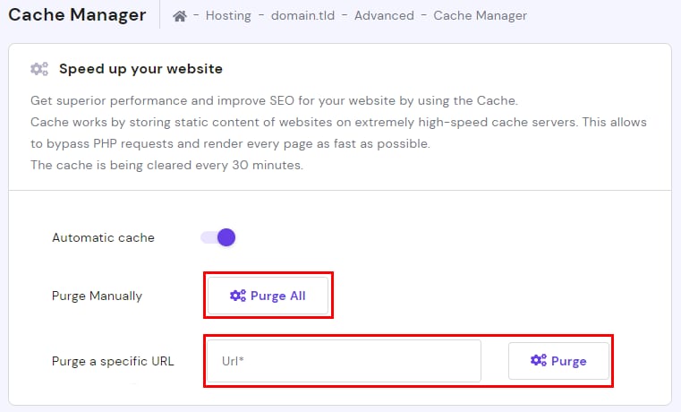 The Cache Manager shoiwint how to purge all the website manually or a specific URL