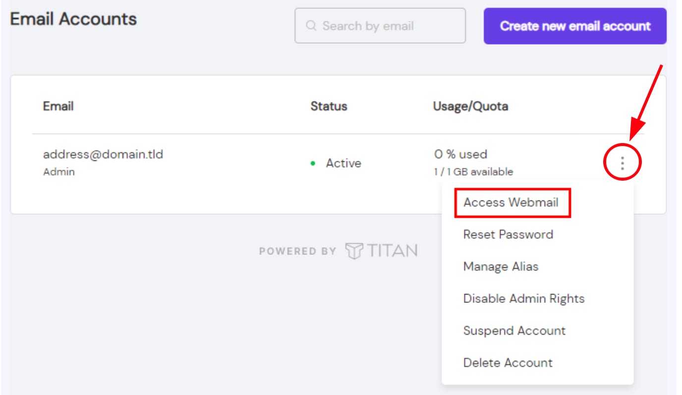 The Access Webmail option in Hostinger's Titan Email panel