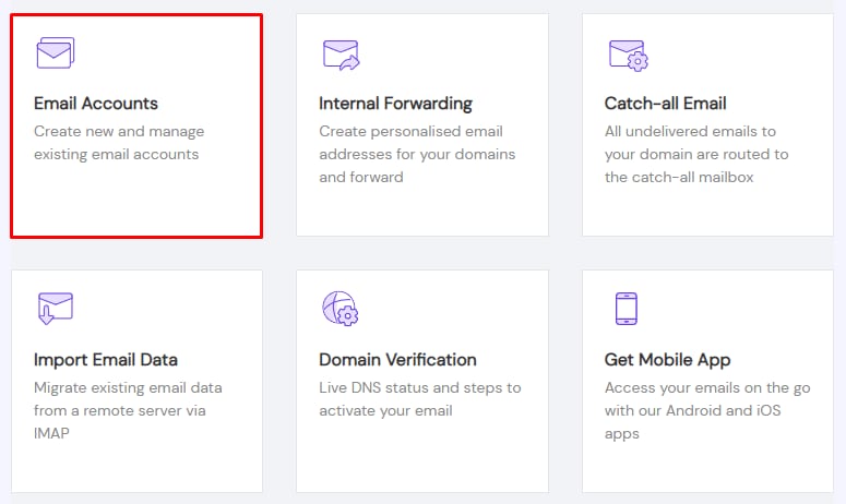 The Email Accounts section in Hostinger's Titan Email panel