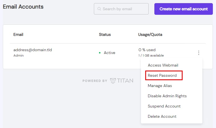 Resetting a password of an email account