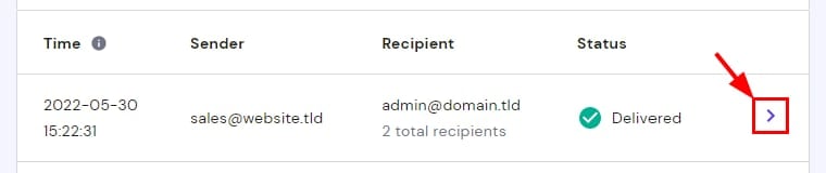 The rightward arrow to see more information about the delivery of a specific email