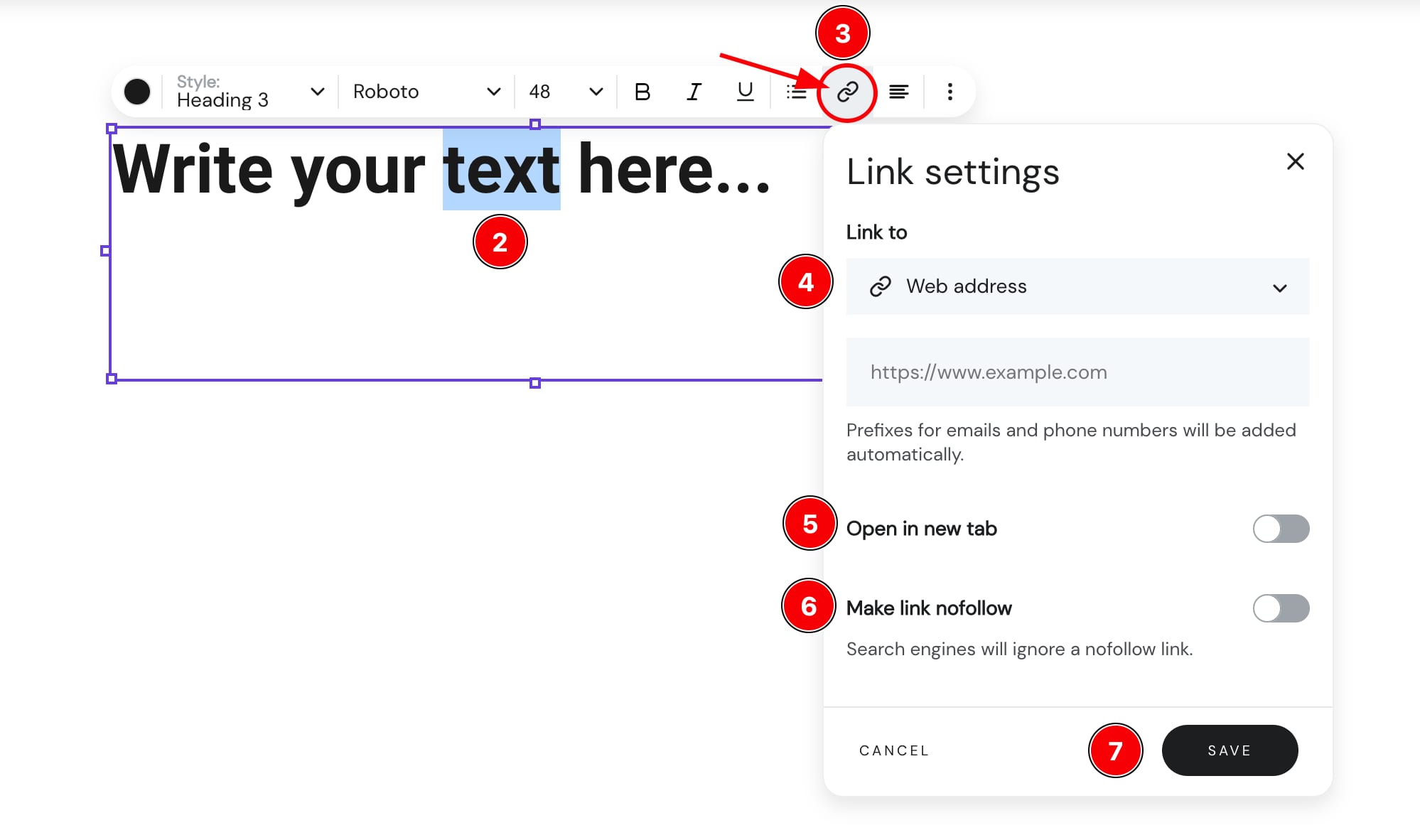 The pop-up of link settings when hyperlinking text
