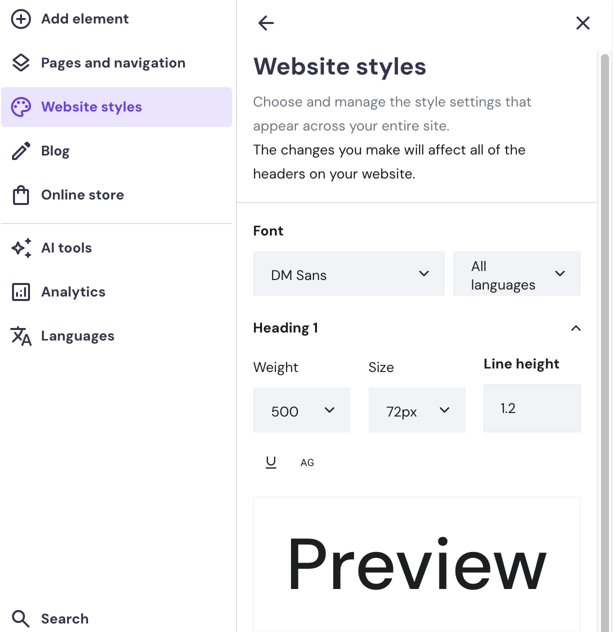 The global text style settings in Hostinger Website Builder