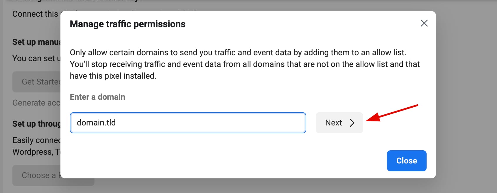Facebook pixel's traffic permissions settings