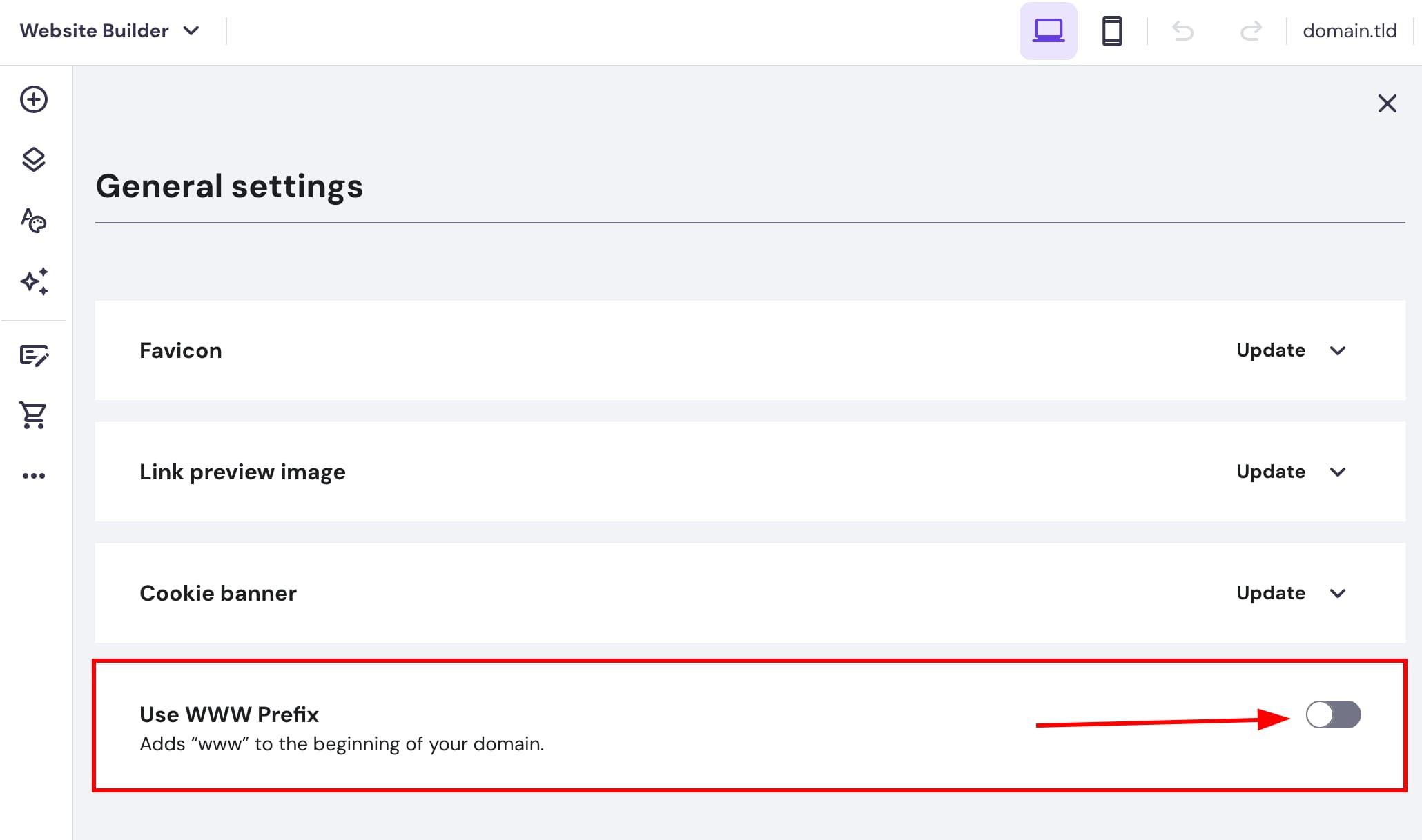 The general website settings in Hostinger Website Builder