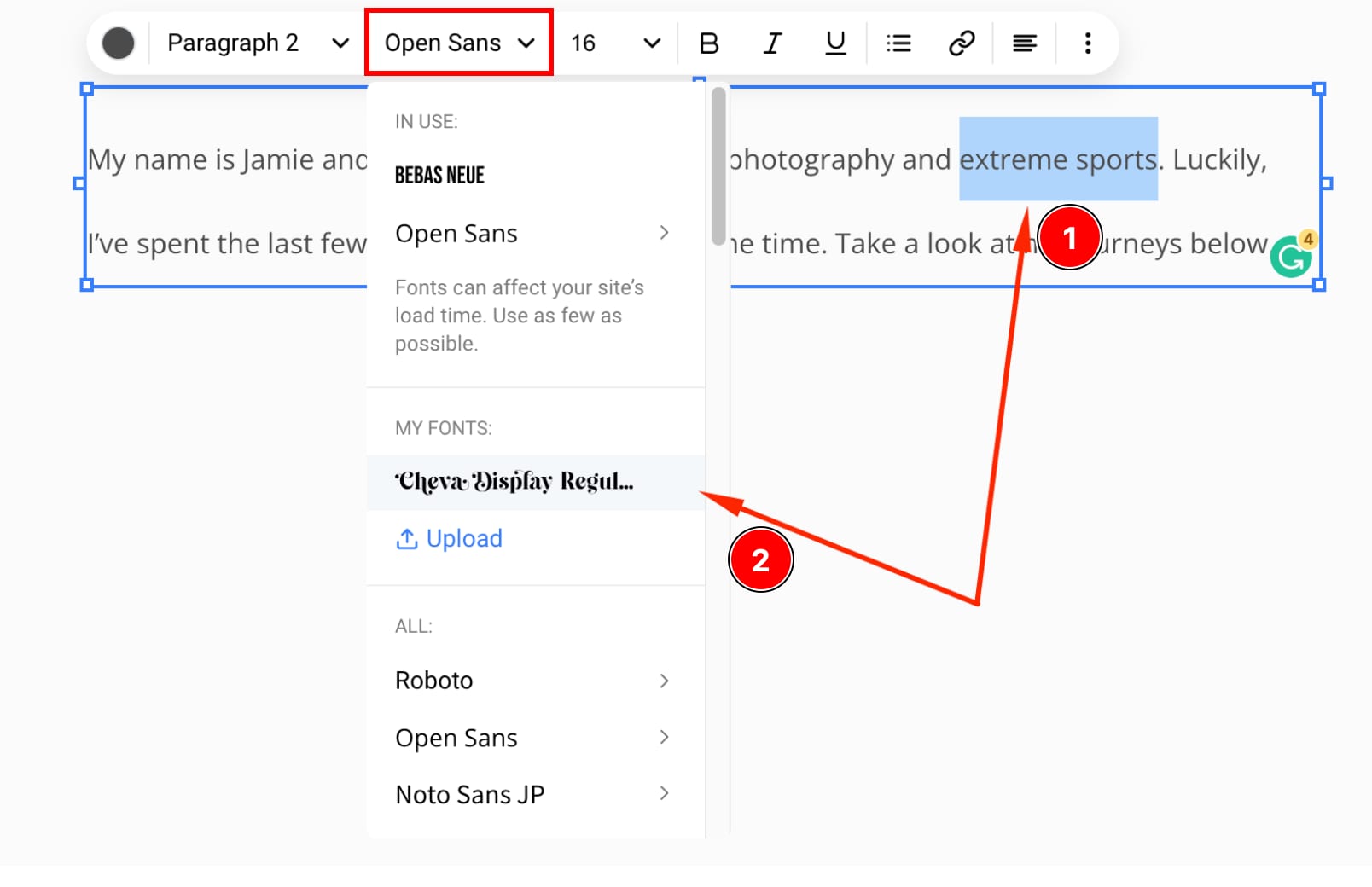 Custom fonts in the text element settings