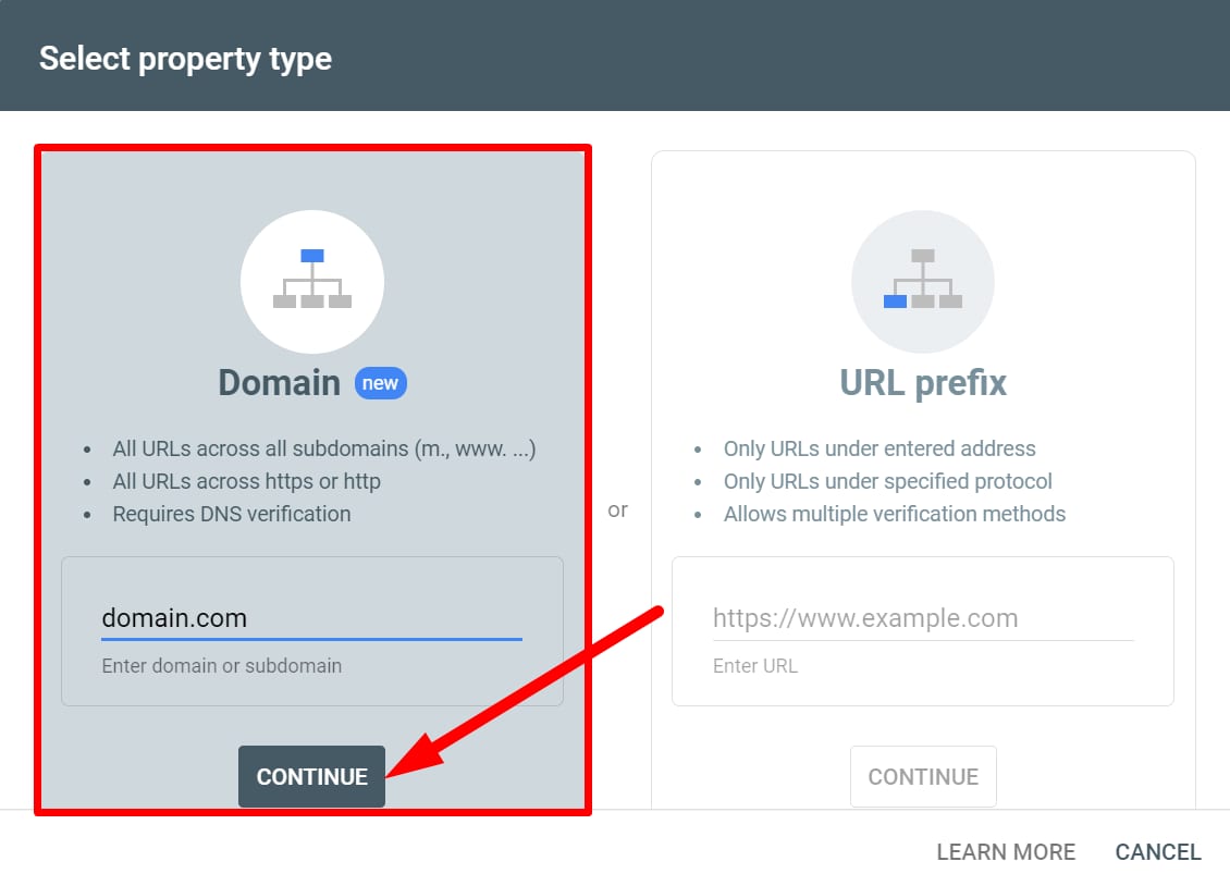 Adding a domain to Google Search Console