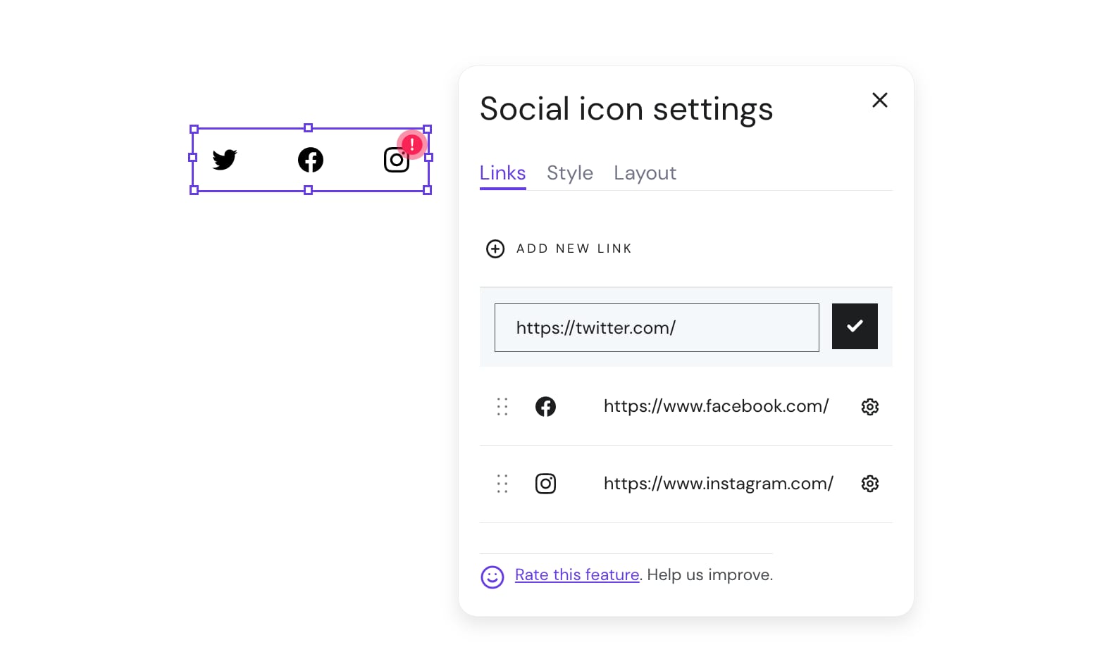 An element for adding links to social media channels