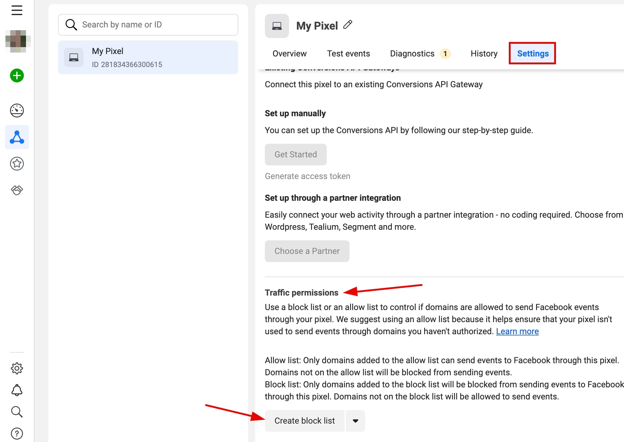 Facebook Pixel settings