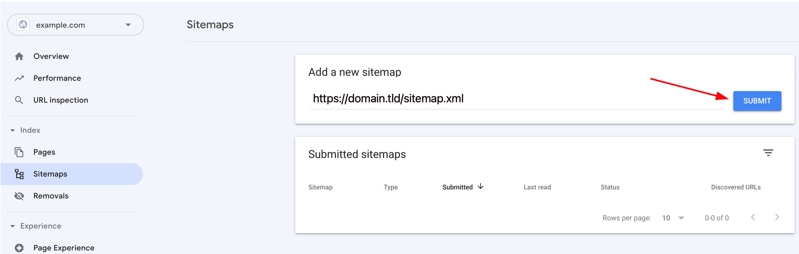 The Submit button for submitting a website's sitemap in Google Search Console