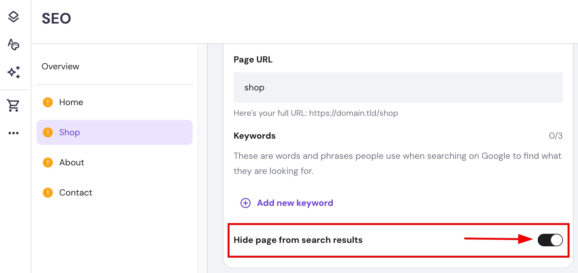 The page SEO settings in Hostinger Website Builder