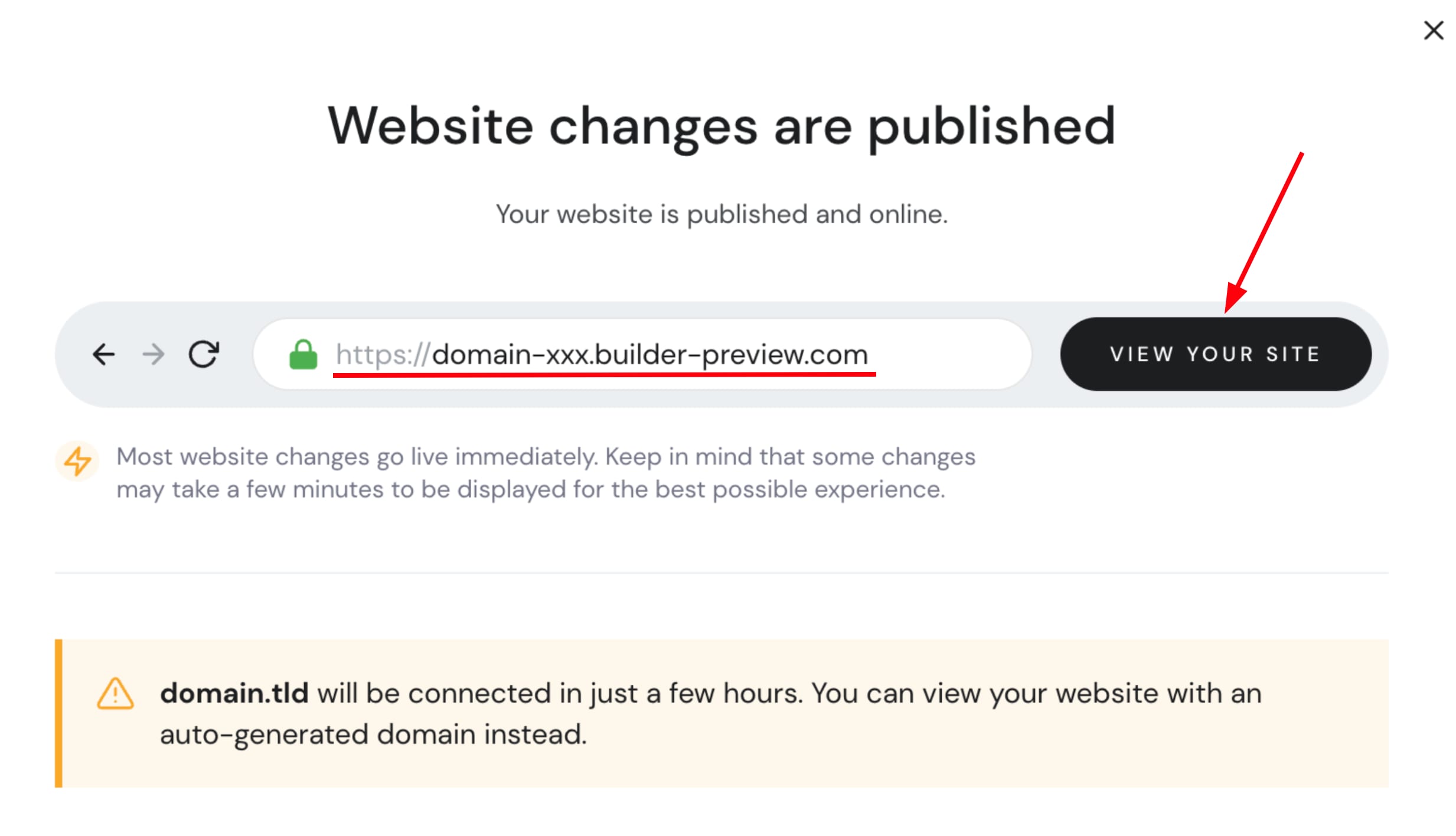 Viewing a recently published website that's created with Hostinger Website Builder