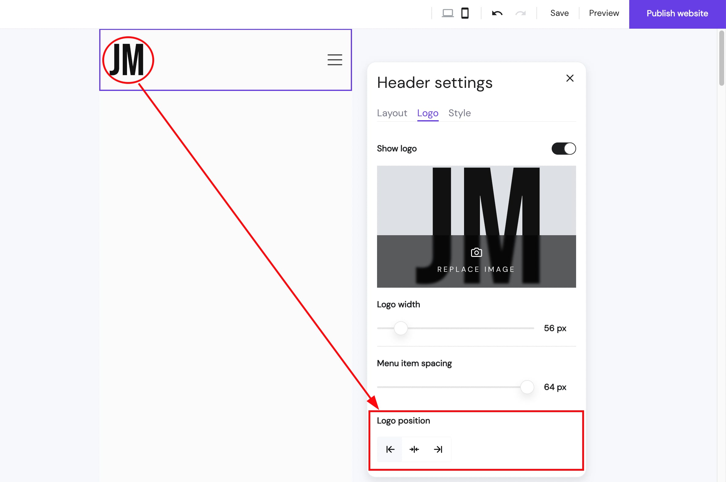 Changing the website's menu position in Hostinger Website Builder