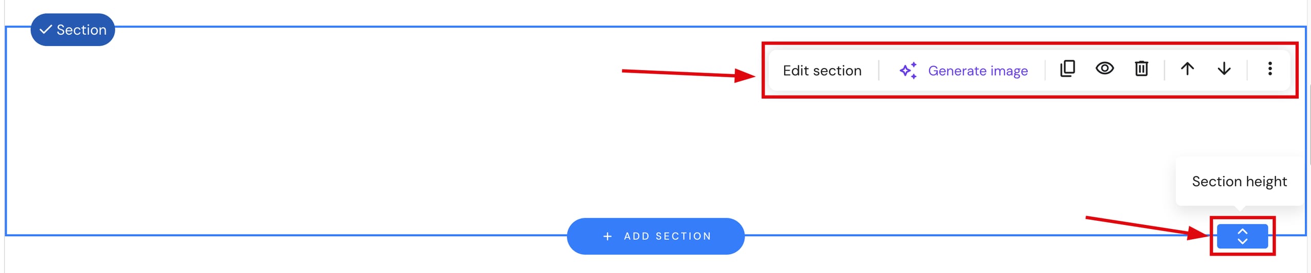 Section management options in Hostinger Website Builder