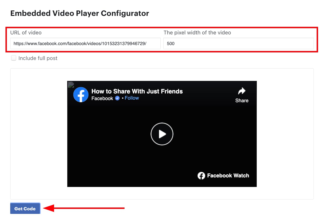 Facebook's embedded video player configurator
