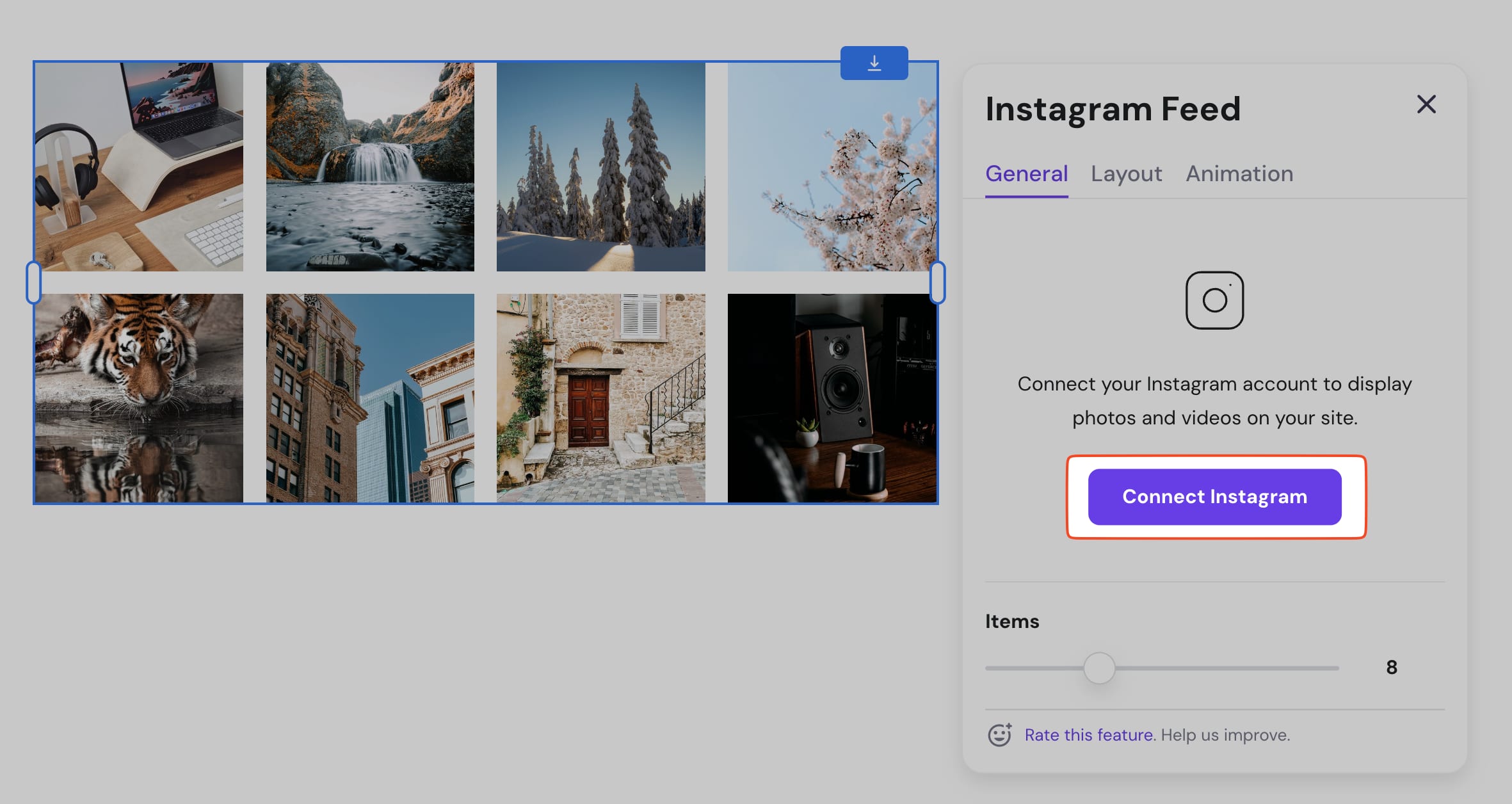 Connecting an Instagram account to the Instagram feed element