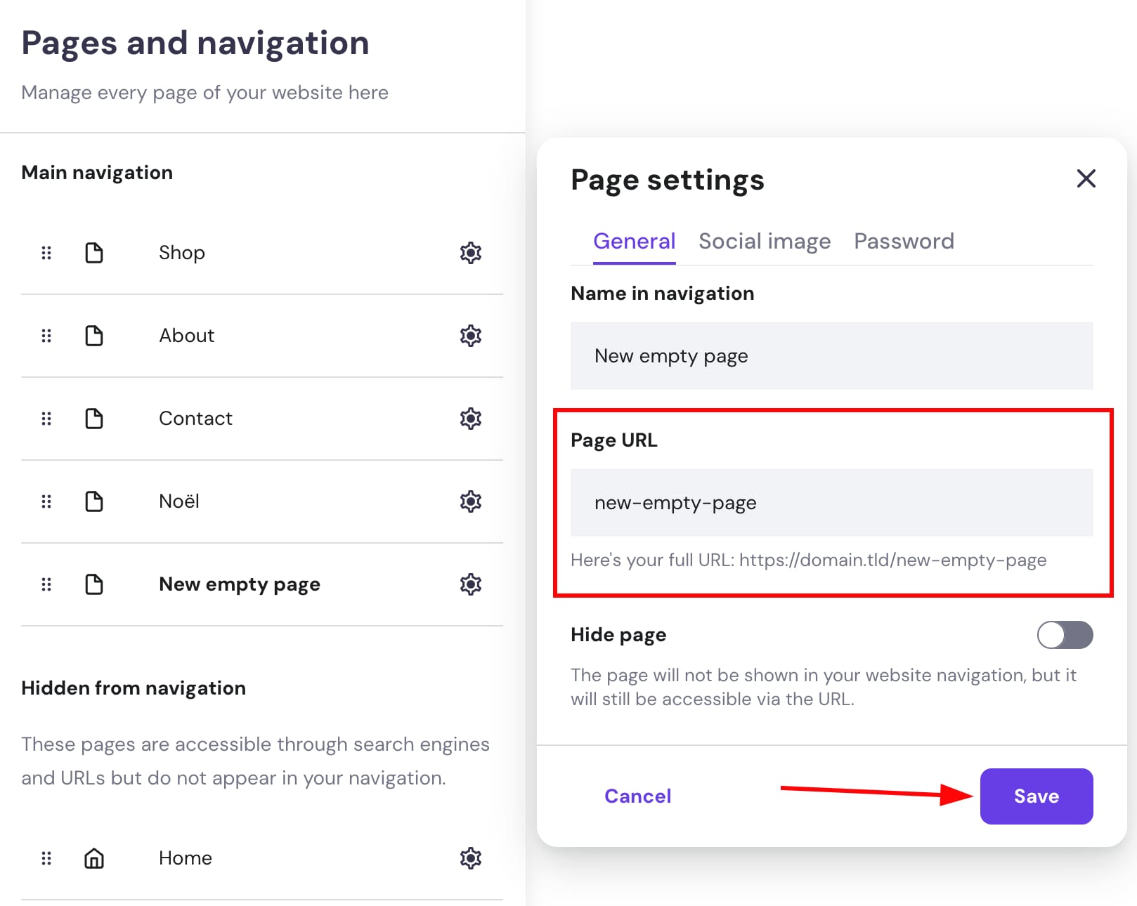 The page settings in Hostinger Website Builder