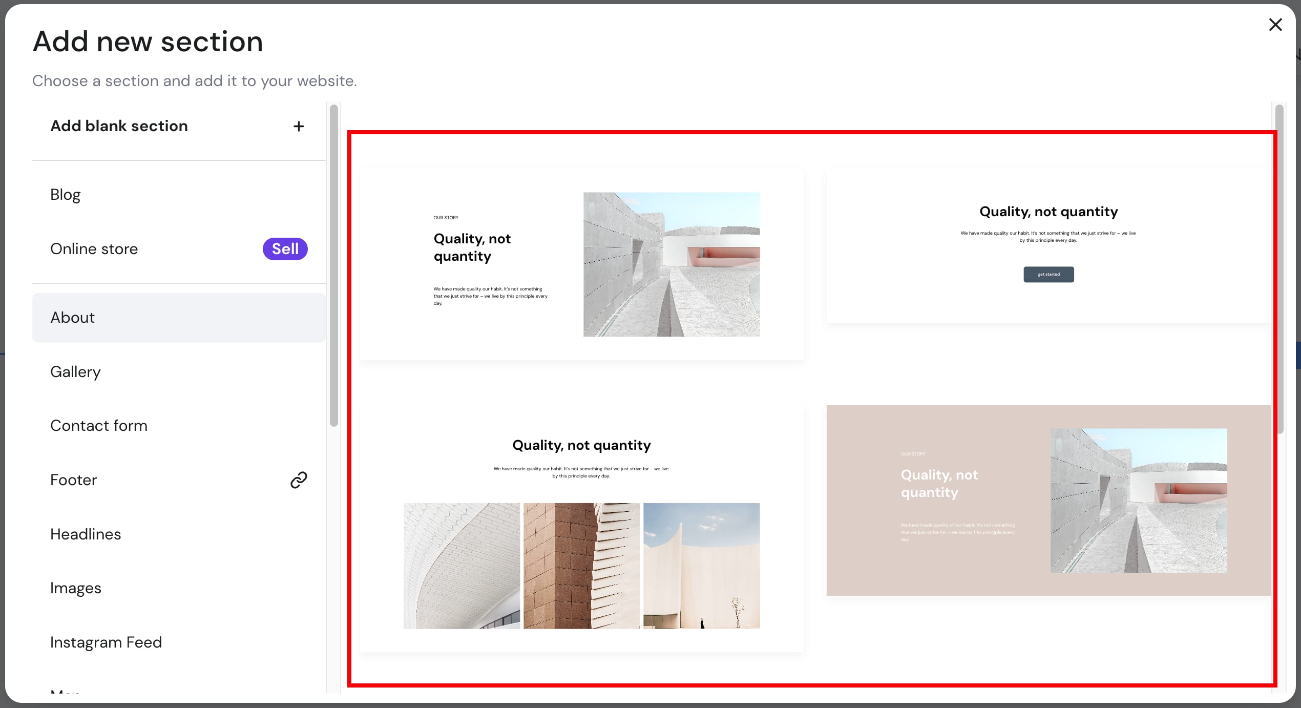 Section templates in Hostinger Website Builder