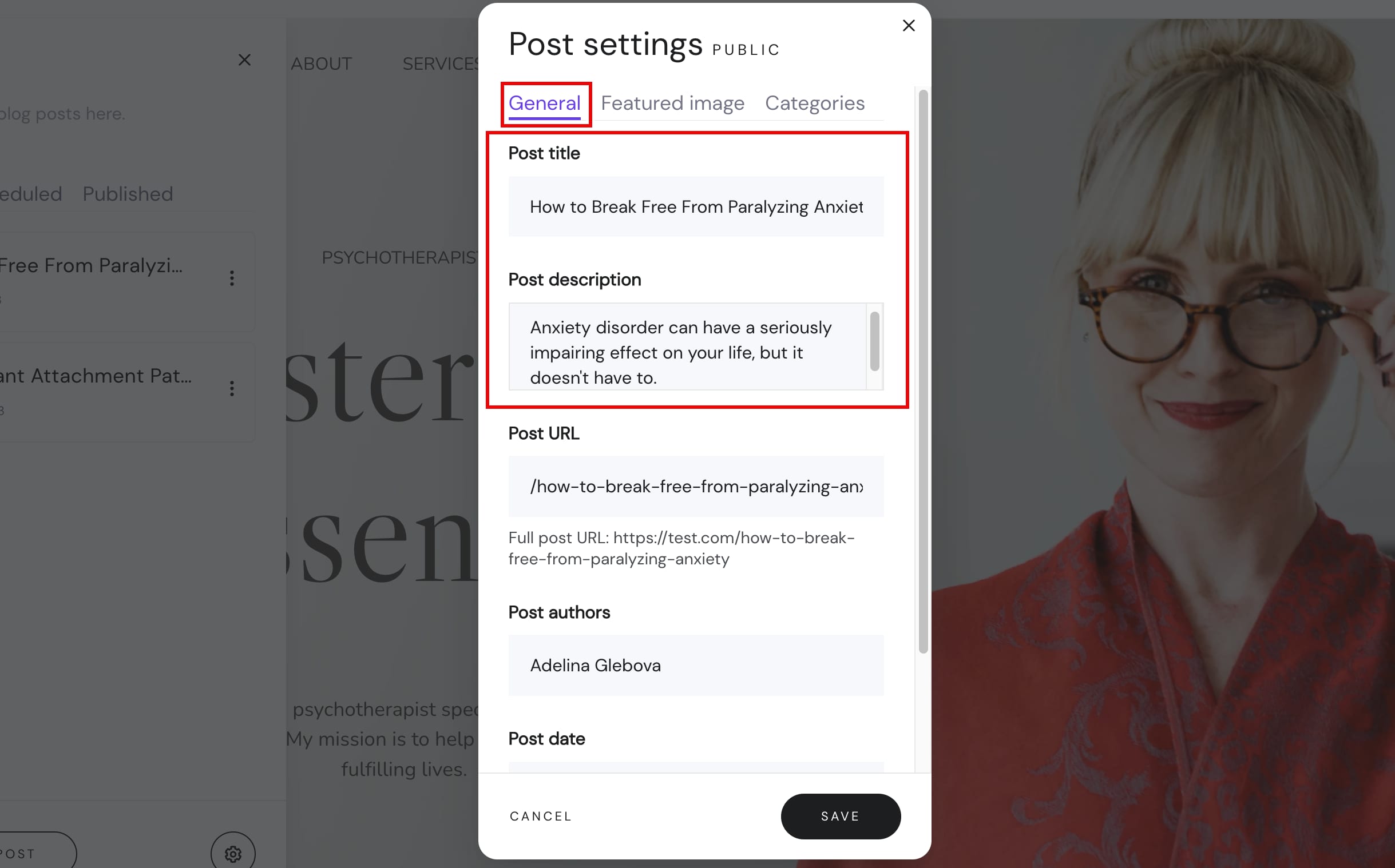 The general blog post settings in Hostinger Website Builder