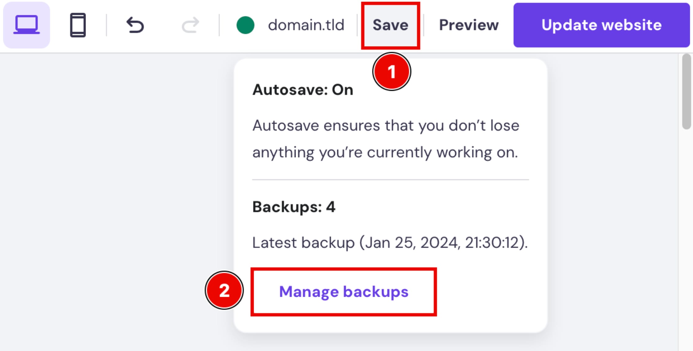 Website backups in Hostinger Website Builder