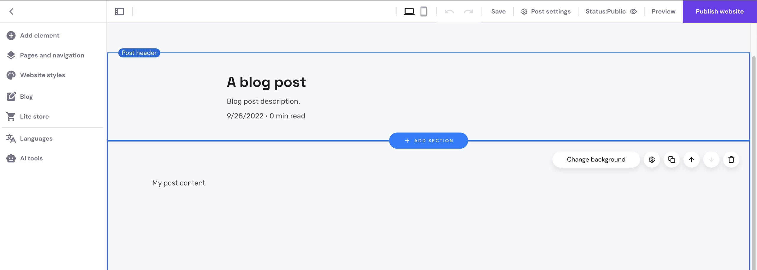 Editing a blog post in Hostinger Website Builder