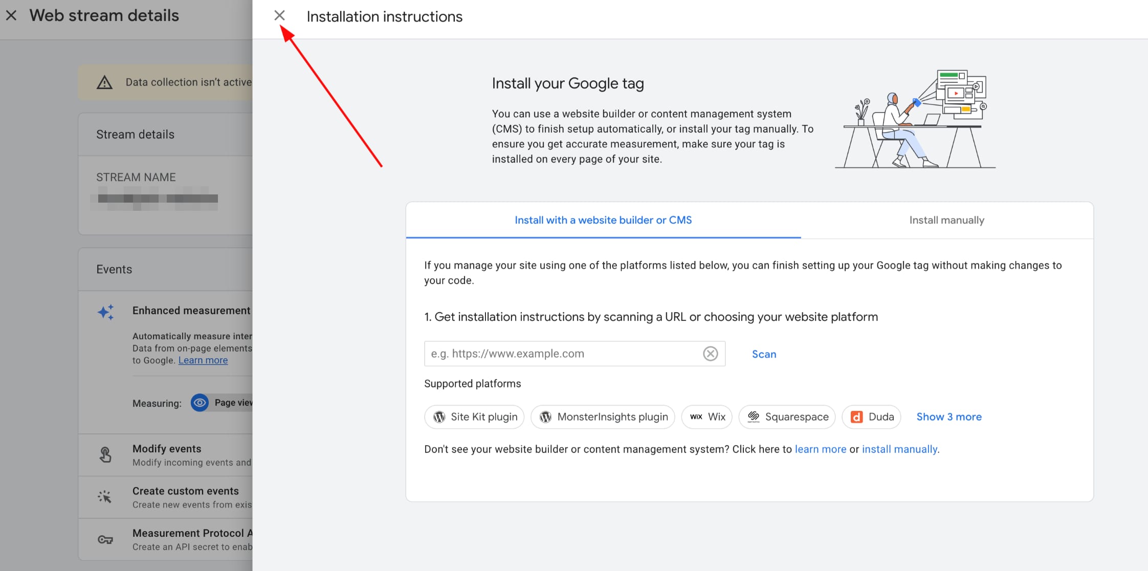 Closing the pop-up showing the instructions on how to install Google Analytics 