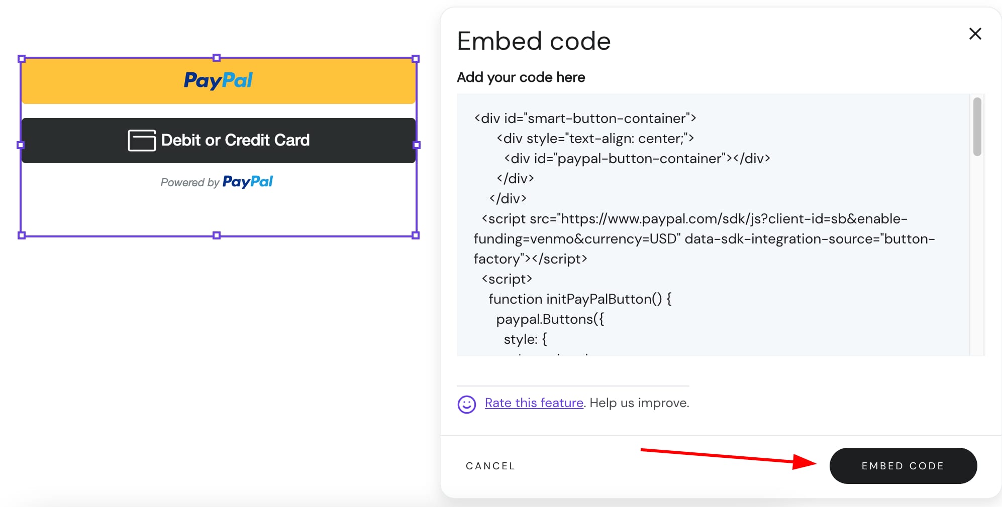 Embedding a PayPal button in Hostinger Website Builder