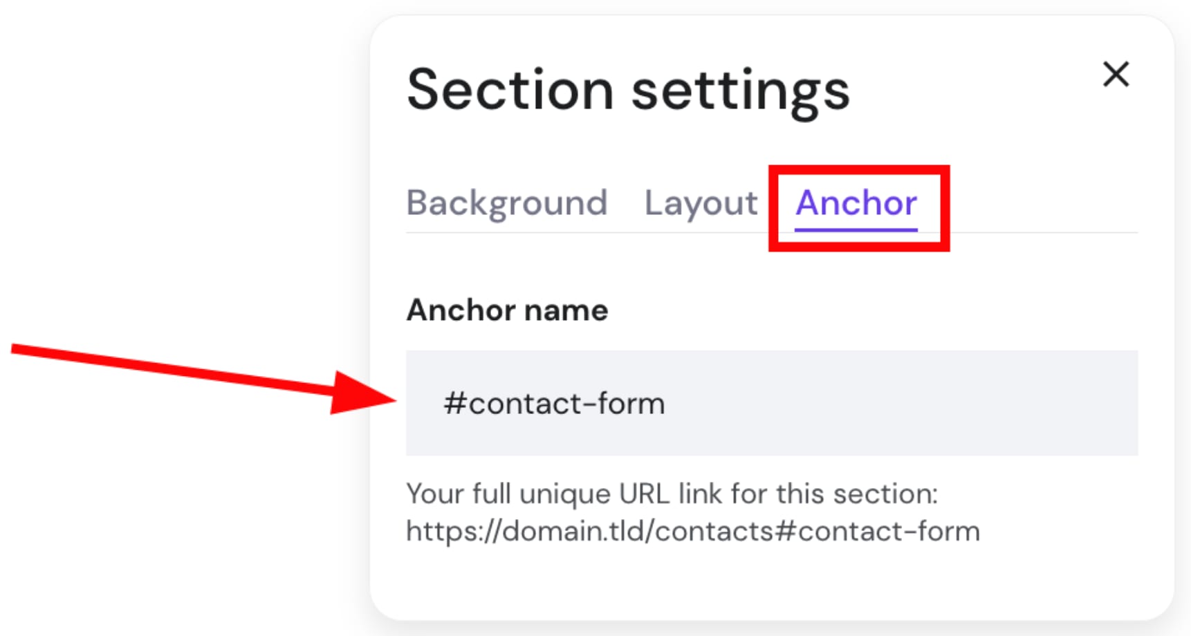 Anchor settings in Hostinger Website Builder