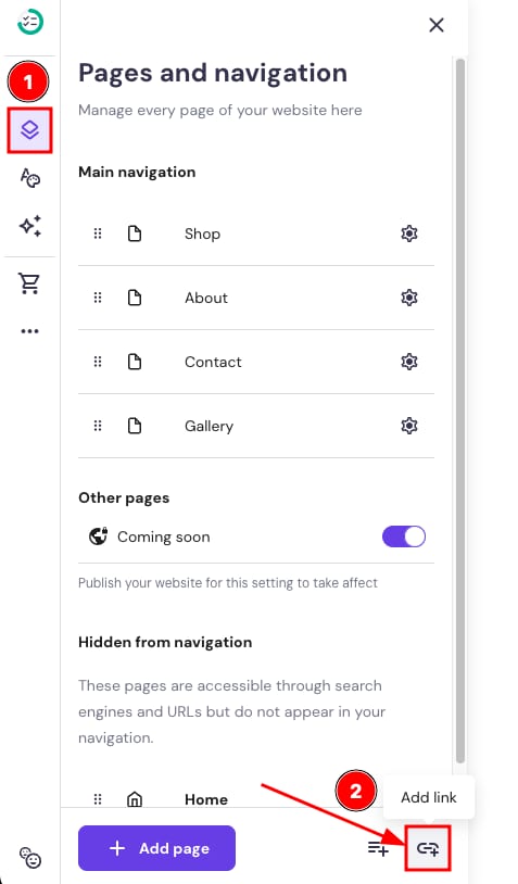 The Add link button within the Pages and navigation panel in Hostinger Website Builder