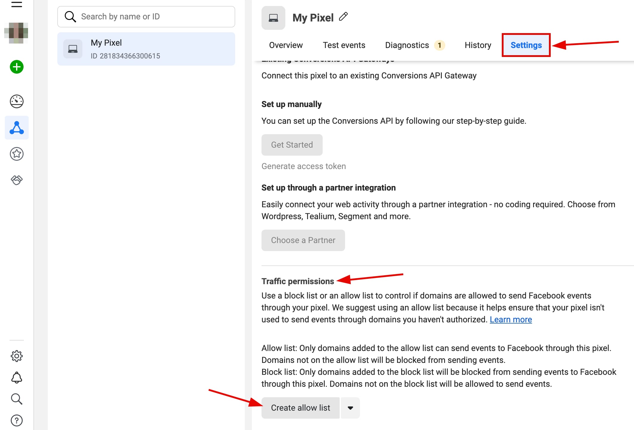 Facebook Pixel settings