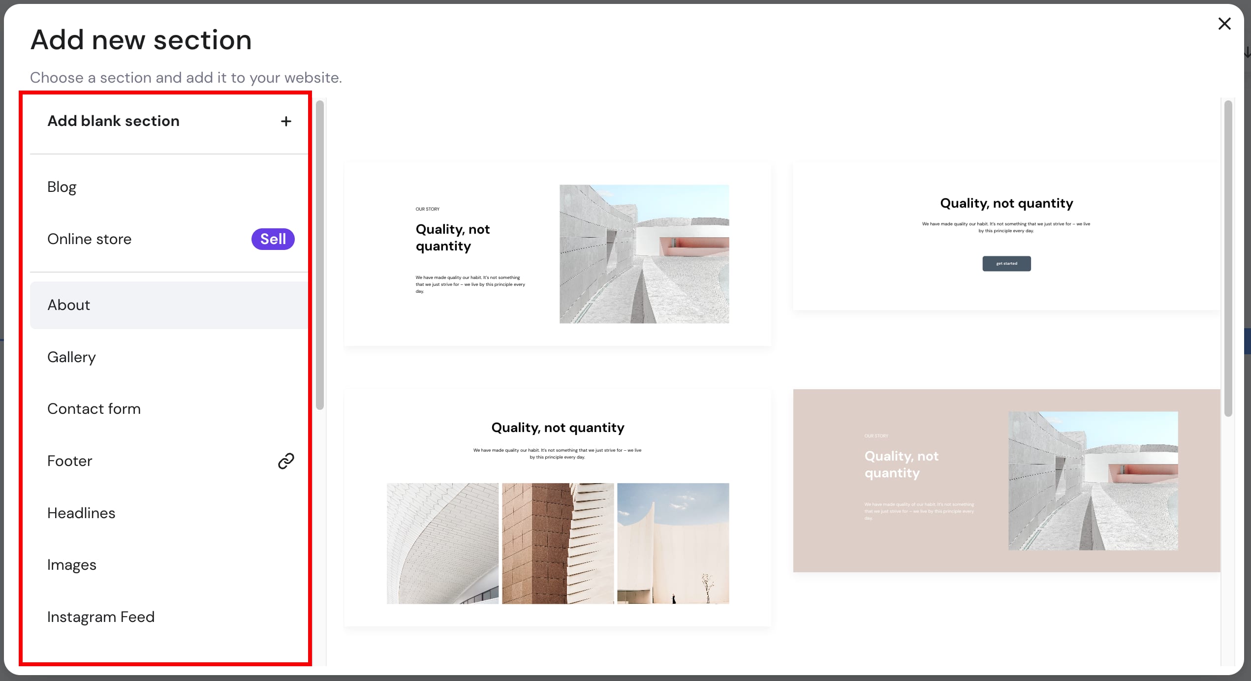 Types of sections in Hostinger Website Builder