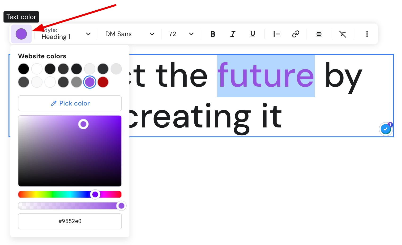 The color settings in a text element 