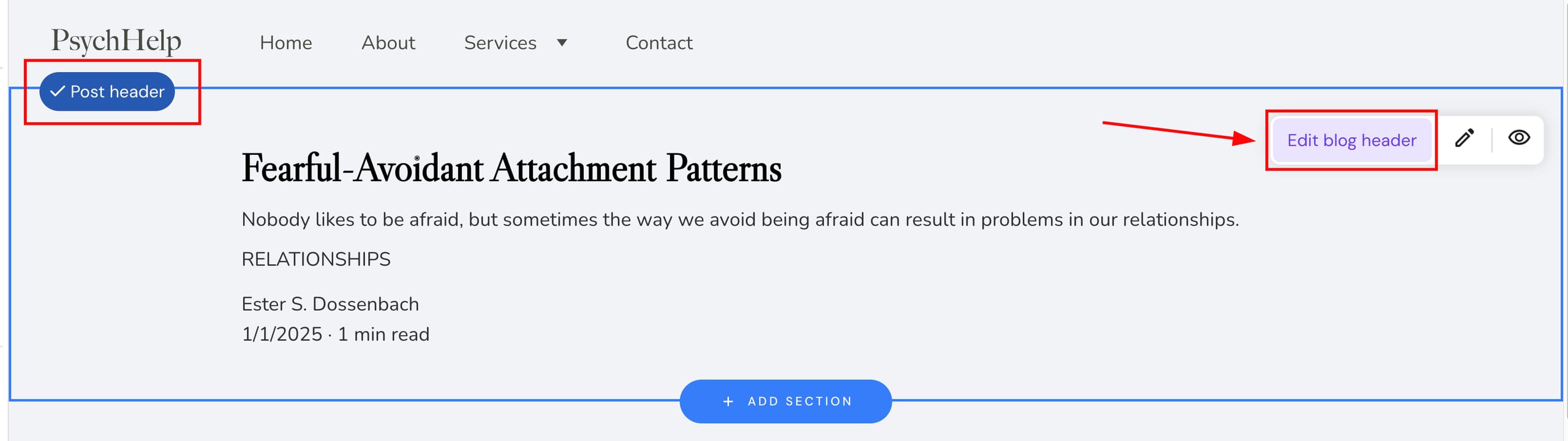 Blog post header settings in Hostinger Website Builder